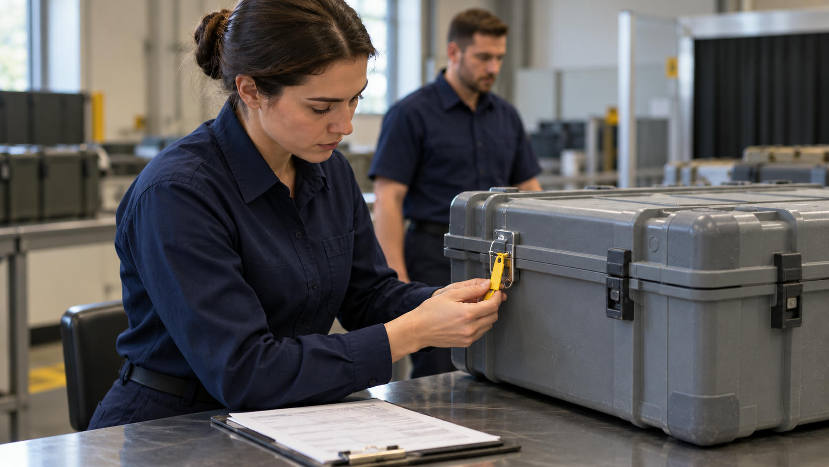 Synthetic editorial illustration. A worker in a plain navy shirt examines the yellow seal at the latch of a closed grey equipment case on an inspection bench. Another worker and a clipboard with papers are visible in the same bay.