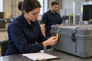 Synthetic editorial illustration. A worker in a plain navy shirt examines the yellow seal at the latch of a closed grey equipment case on an inspection bench. Another worker and a clipboard with papers are visible in the same bay.