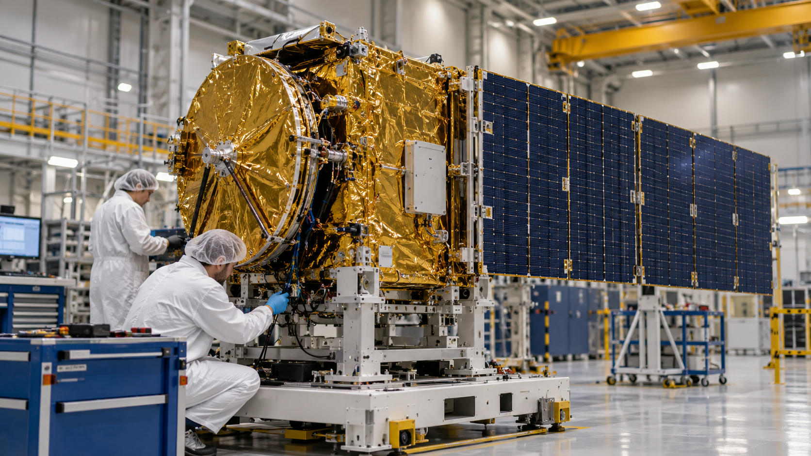 Synthetic editorial illustration. Two cleanroom workers work beside a supported gold-toned satellite assembly with a large blue panel in a high bay.