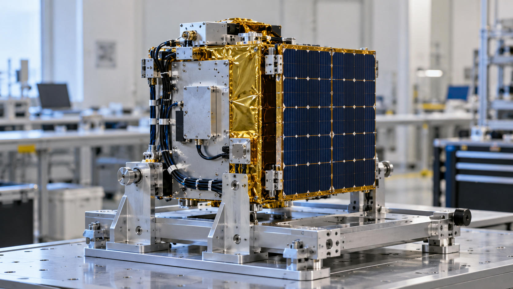Synthetic editorial illustration. A compact satellite-like hardware assembly with a blue panel and gold-toned blanket is supported on an integration fixture.
