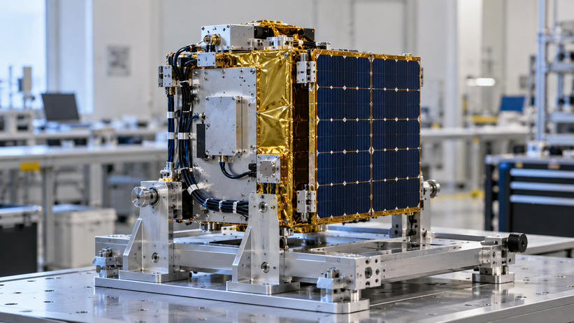 Synthetic editorial illustration. A compact satellite-like hardware assembly with a blue panel and gold-toned blanket is supported on an integration fixture.