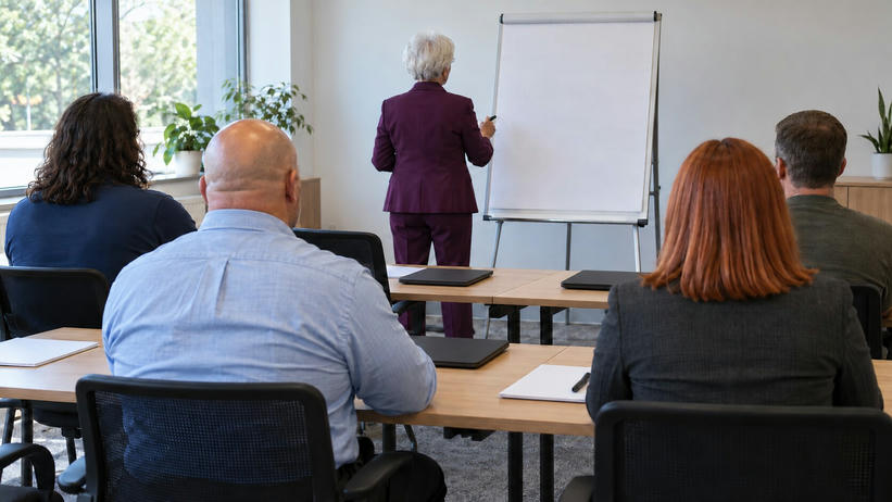 Synthetic editorial illustration. Varied office staff viewed from behind sit facing a white-haired trainer in a plum suit beside a blank flipchart. Plain closed laptops and blank notebooks rest on tables in a bright training room.
