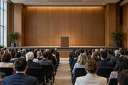Synthetic editorial illustration. A meeting auditorium. Rows of seated attendees viewed from behind face an empty wooden lectern on a bare stage, with wood-panelled walls and daylight from tall side windows.