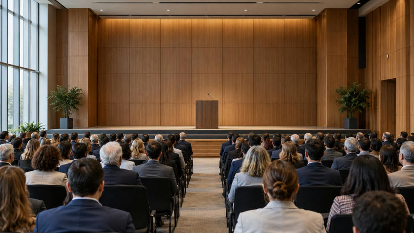 Synthetic editorial illustration. A meeting auditorium. Rows of seated attendees viewed from behind face an empty wooden lectern on a bare stage, with wood-panelled walls and daylight from tall side windows.