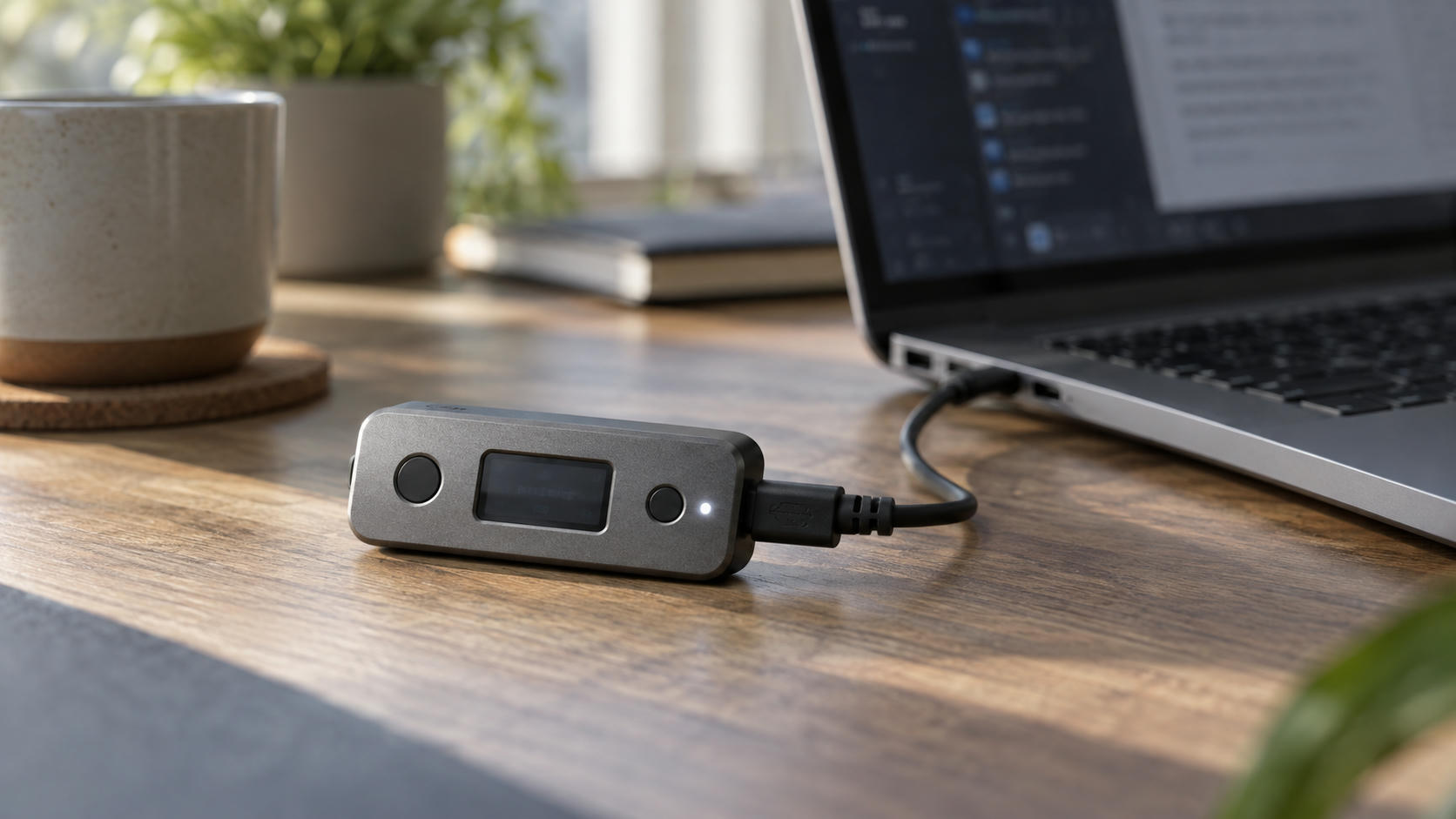 Synthetic editorial illustration. A small two-button electronic signing device is connected by USB to a laptop, with a dim populated status display and small illuminated indicator.