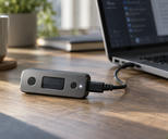 Synthetic editorial illustration. A small two-button electronic signing device is connected by USB to a laptop, with a dim populated status display and small illuminated indicator.