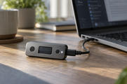 Synthetic editorial illustration. A small two-button electronic signing device is connected by USB to a laptop, with a dim populated status display and small illuminated indicator.