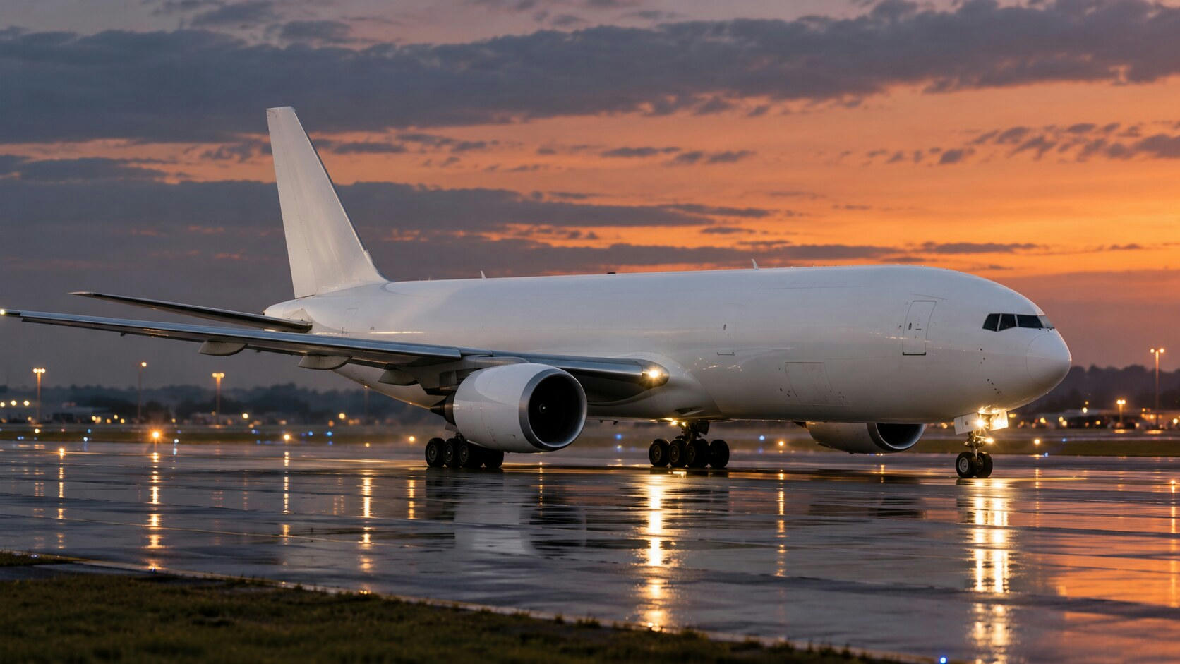 Synthetic editorial illustration. An airport runway. A plain white cargo jet taxis across wet pavement under an orange dusk sky, with landing lights and blue airport lights reflecting around its wheels.