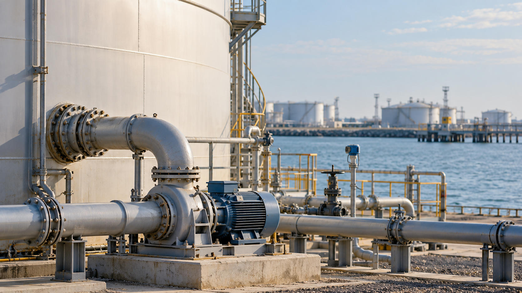 Synthetic editorial illustration. A mounted pump and flange-connected pipework sit beside a storage tank at a waterfront terminal.