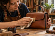 Synthetic editorial illustration. An artisan steadies a small plain leather handbag while polishing its metal clasp with a soft cloth.