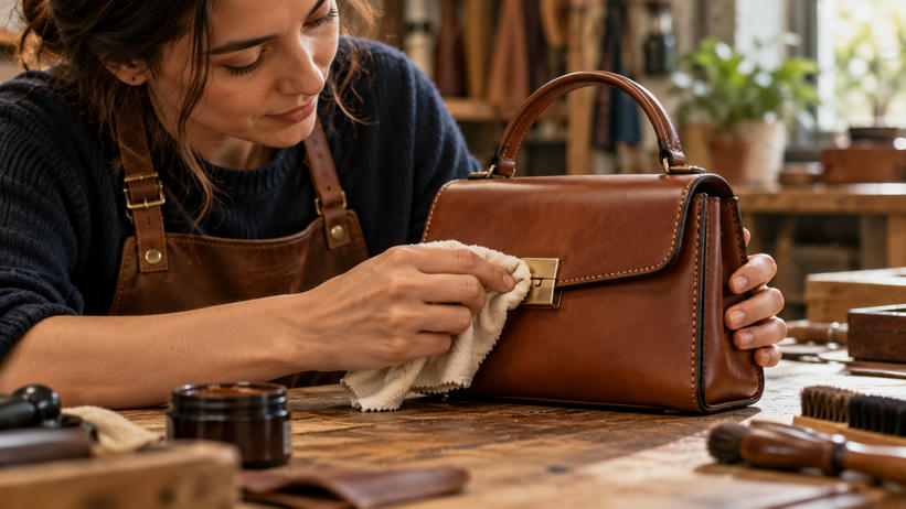 Synthetic editorial illustration. An artisan steadies a small plain leather handbag while polishing its metal clasp with a soft cloth.