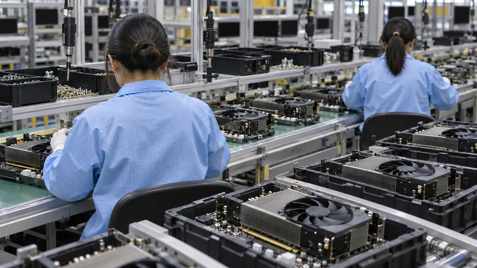 Synthetic editorial illustration. Two workers in blue anti-static coats viewed from behind assemble plain graphics cards along a conveyor. Black fans, metal heat sinks and component carriers fill the foreground, with dark monitors beyond.