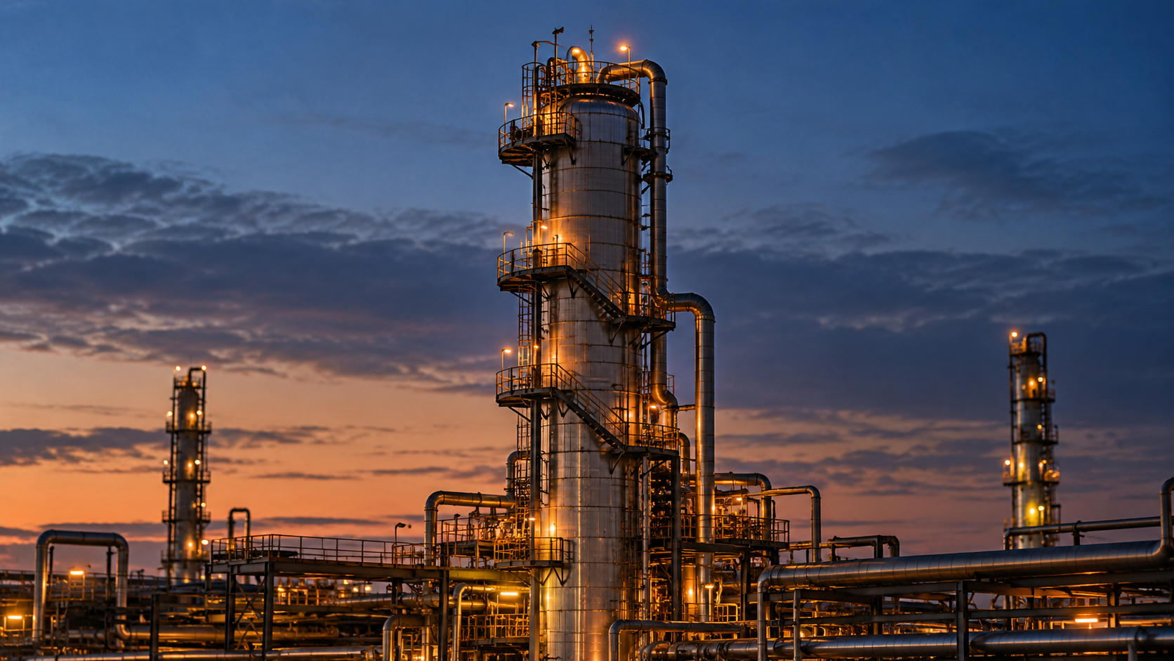 Synthetic editorial illustration. A tall cylindrical process tower rises above connected refinery pipework at dusk. External stairways, platforms and warm maintenance lights surround the tower, with two smaller towers beyond.