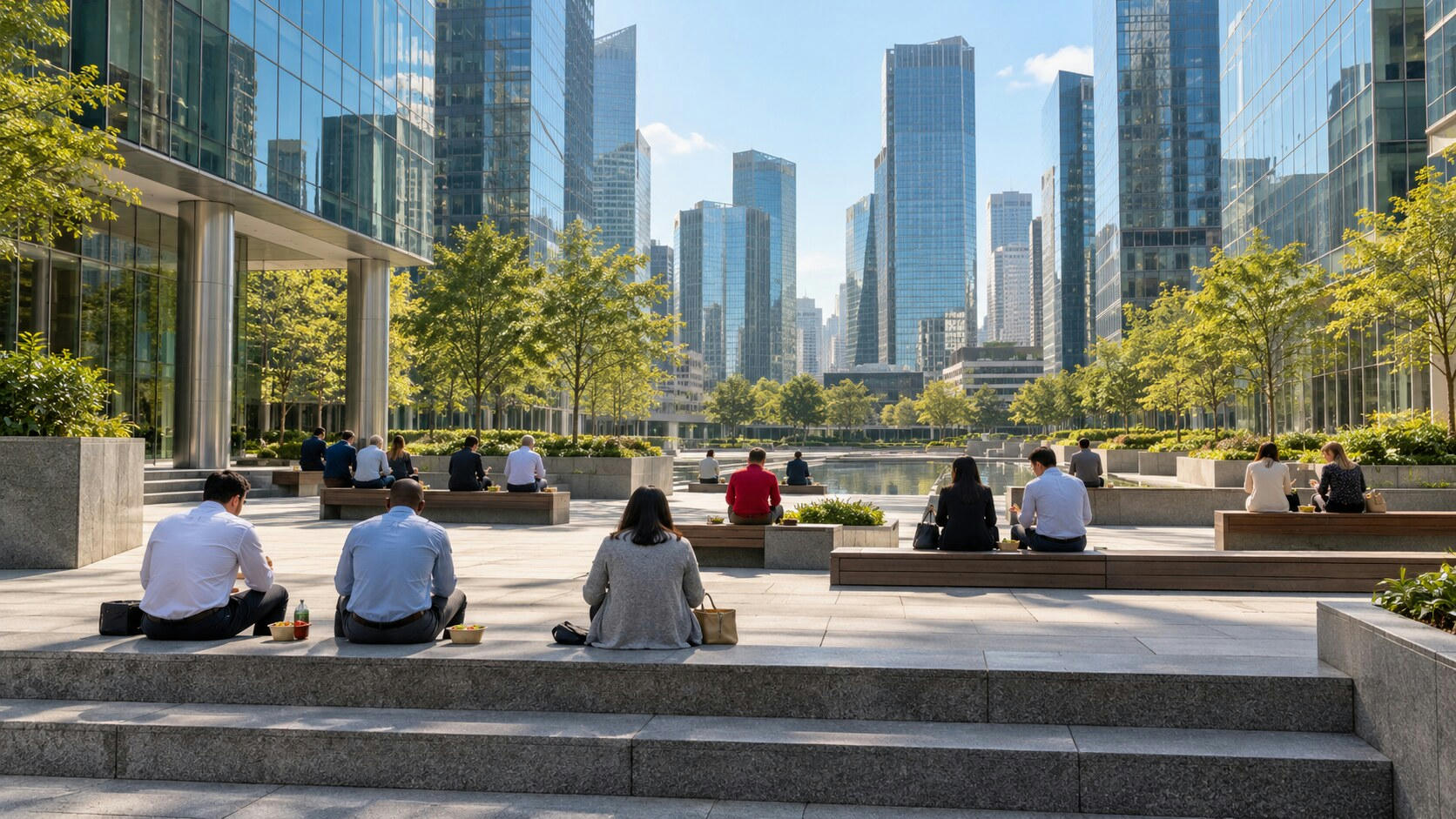 Synthetic editorial illustration. Rear-facing workers eat from small containers on steps and benches in a sunlit plaza. Trees, a reflecting pool and glass towers surround the open space.
