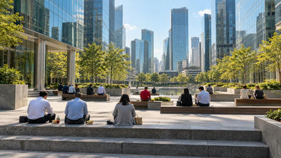 Synthetic editorial illustration. Rear-facing workers eat from small containers on steps and benches in a sunlit plaza. Trees, a reflecting pool and glass towers surround the open space.