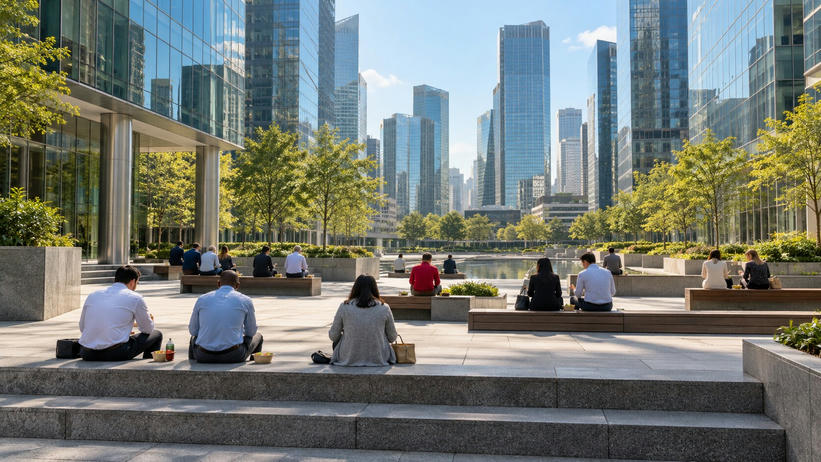Synthetic editorial illustration. Rear-facing workers eat from small containers on steps and benches in a sunlit plaza. Trees, a reflecting pool and glass towers surround the open space.