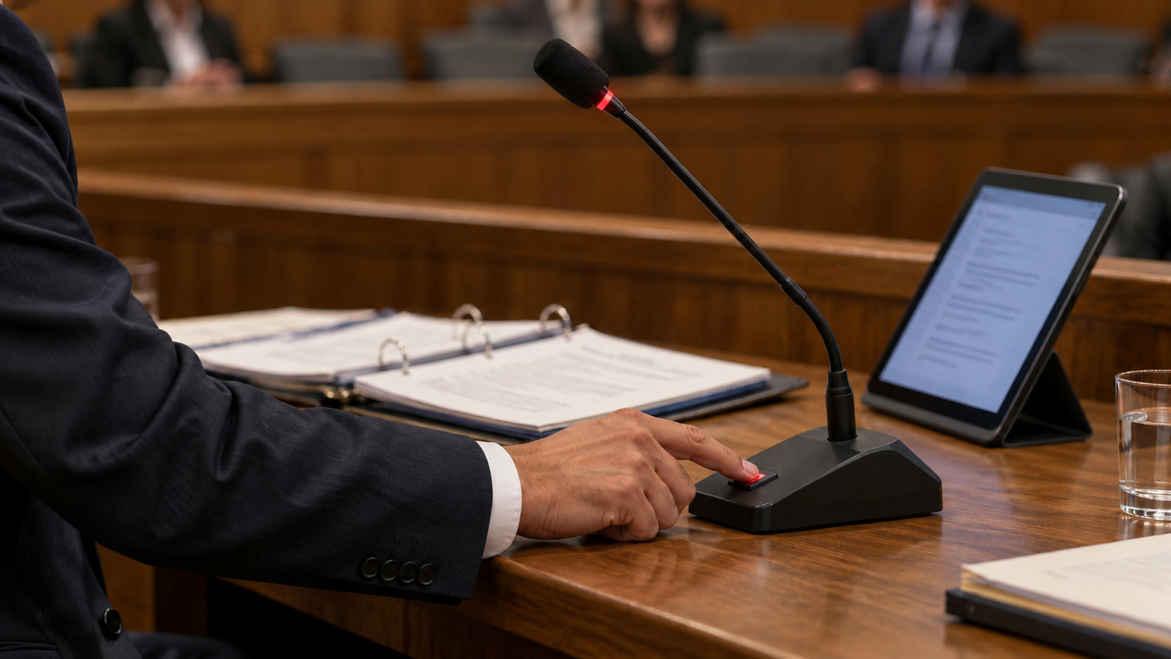 Synthetic editorial illustration. A cropped adult presses a hearing-desk microphone button beside an open evidence binder and powered tablet.