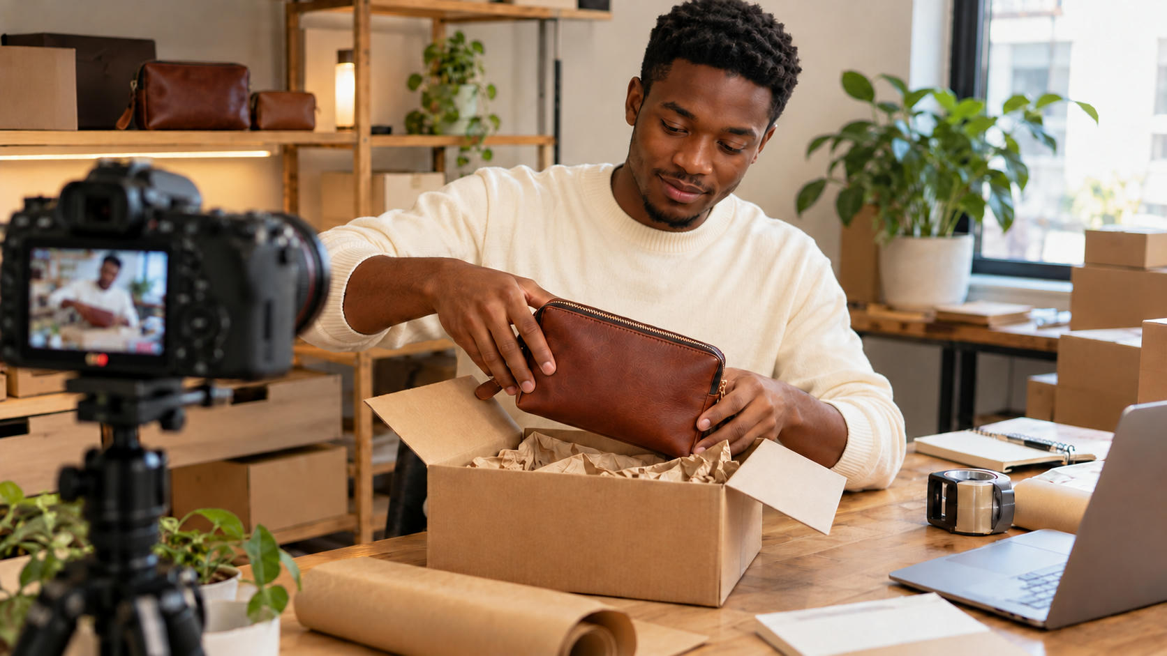 Synthetic editorial illustration. A seller in an ordinary cream sweater packs an unbranded leather pouch into a padded carton while a tripod camera records the same scene.