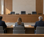 Synthetic editorial illustration. A modern tribunal hearing room. Three parties viewed from behind sit at a table with plain folders and papers, facing an empty raised panel bench in daylight.