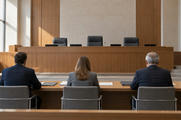 Synthetic editorial illustration. A modern tribunal hearing room. Three parties viewed from behind sit at a table with plain folders and papers, facing an empty raised panel bench in daylight.