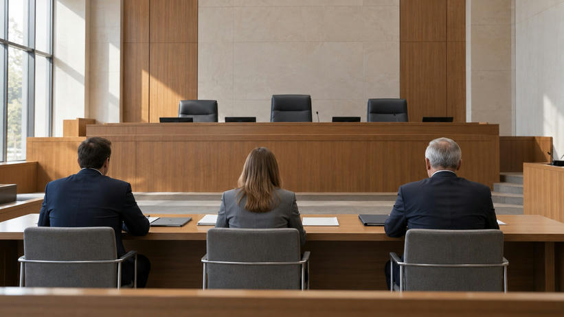 Synthetic editorial illustration. A modern tribunal hearing room. Three parties viewed from behind sit at a table with plain folders and papers, facing an empty raised panel bench in daylight.