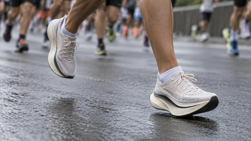 Synthetic editorial illustration. A runner's plain light-coloured mesh shoes with thick curved soles are caught mid-stride on a wet city road. Other runners' lower legs blur behind in a low ground-level view.