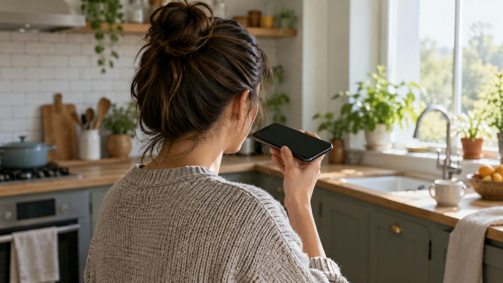Synthetic editorial illustration. A person viewed from behind holds a smartphone with a dark screen near their mouth. A softly focused kitchen with plants, a sink and a plain mug is lit by window daylight.