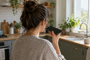 Synthetic editorial illustration. A person viewed from behind holds a smartphone with a dark screen near their mouth. A softly focused kitchen with plants, a sink and a plain mug is lit by window daylight.