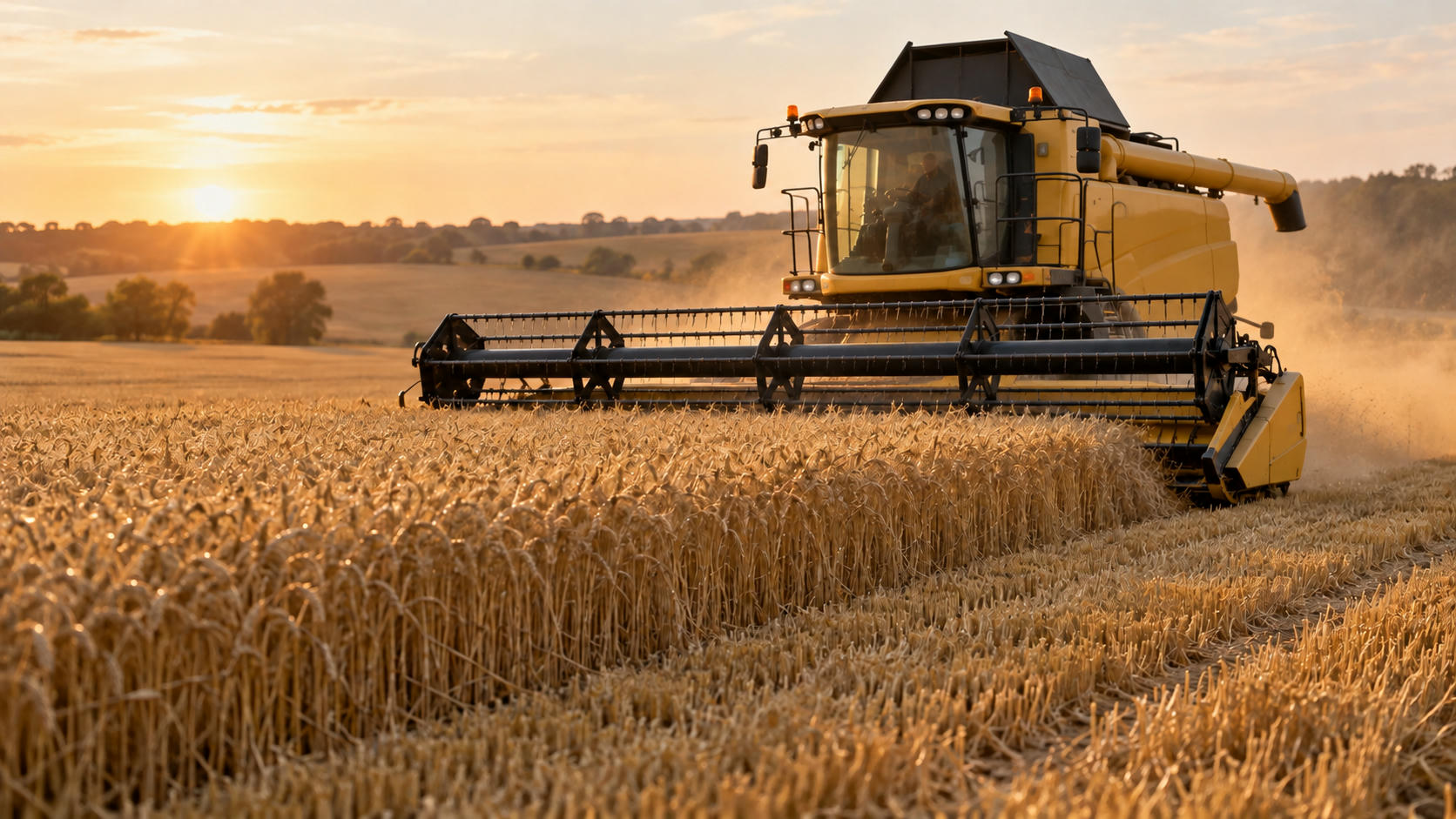 Synthetic editorial illustration. One unbranded combine harvests a standing wheat crop in warm low sunlight, with its cutting header, stubble and dust visible.