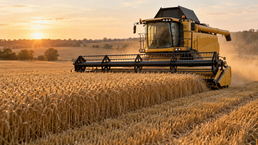 Synthetic editorial illustration. One unbranded combine harvests a standing wheat crop in warm low sunlight, with its cutting header, stubble and dust visible.