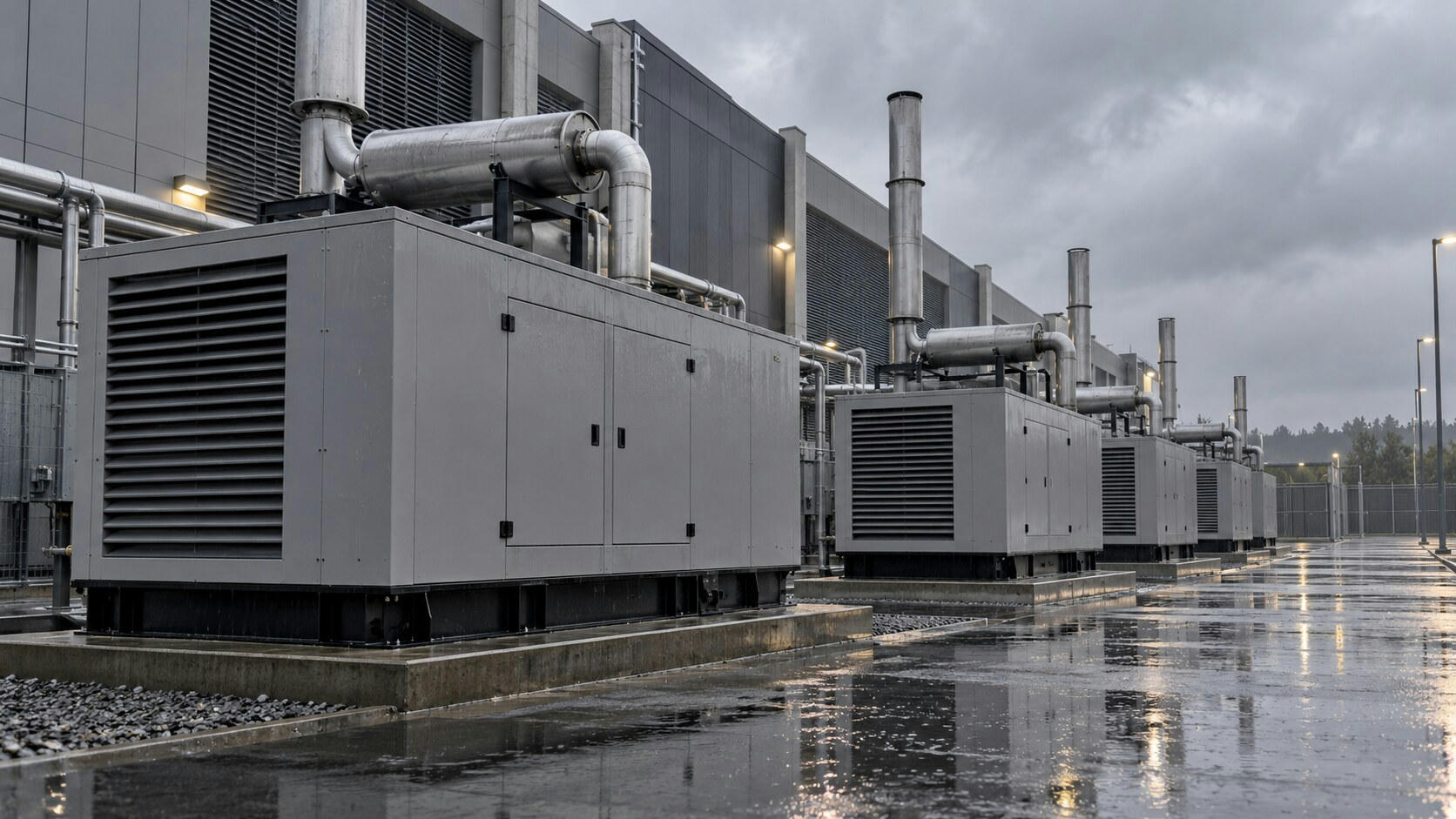 Synthetic editorial illustration. A data-centre service yard contains a row of grey backup-generator enclosures. Tall exhaust stacks rise beside the building as rainwater reflects equipment and lamps.