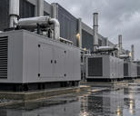 Synthetic editorial illustration. A data-centre service yard contains a row of grey backup-generator enclosures. Tall exhaust stacks rise beside the building as rainwater reflects equipment and lamps.
