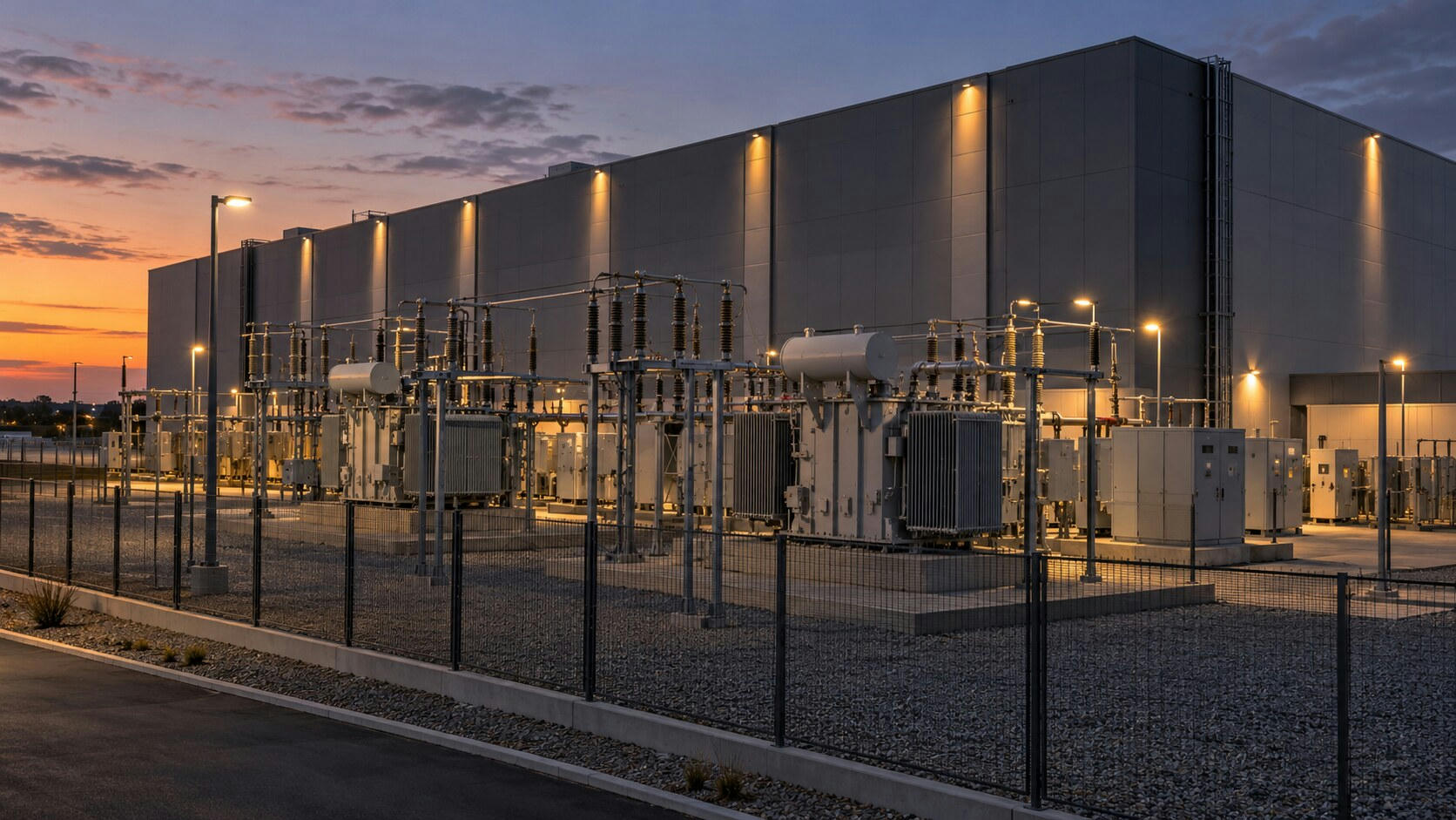 Synthetic editorial illustration. A substation stands beside a windowless data-centre building. Large transformers and switchgear occupy a fenced gravel yard under warm lamps at dusk.