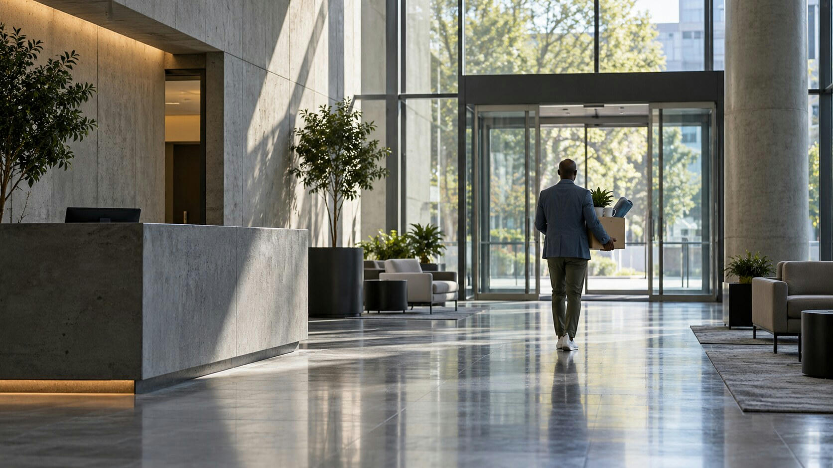 Synthetic editorial illustration. A modern office lobby. A person seen from behind carries a cardboard box containing a plant, mug and rolled fabric toward glass exit doors across a polished floor.
