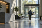 Synthetic editorial illustration. A modern office lobby. A person seen from behind carries a cardboard box containing a plant, mug and rolled fabric toward glass exit doors across a polished floor.