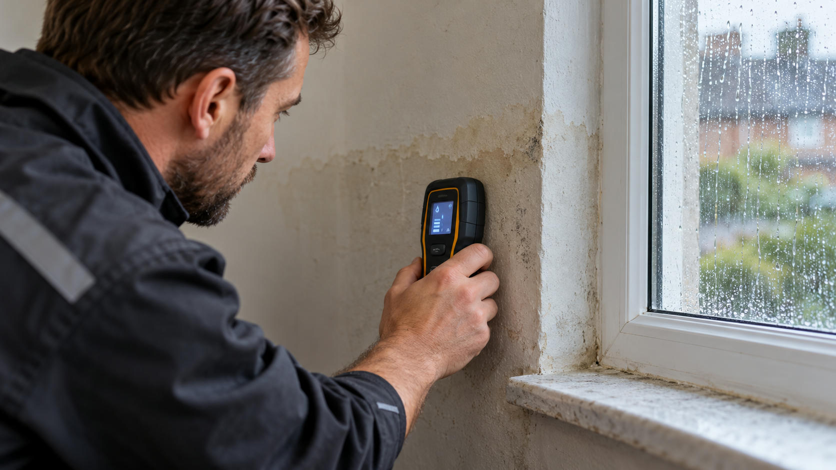 Synthetic editorial illustration. A hand holds a moisture meter flat against a damp-stained interior wall near a rain-streaked window.