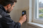 Synthetic editorial illustration. A hand holds a moisture meter flat against a damp-stained interior wall near a rain-streaked window.