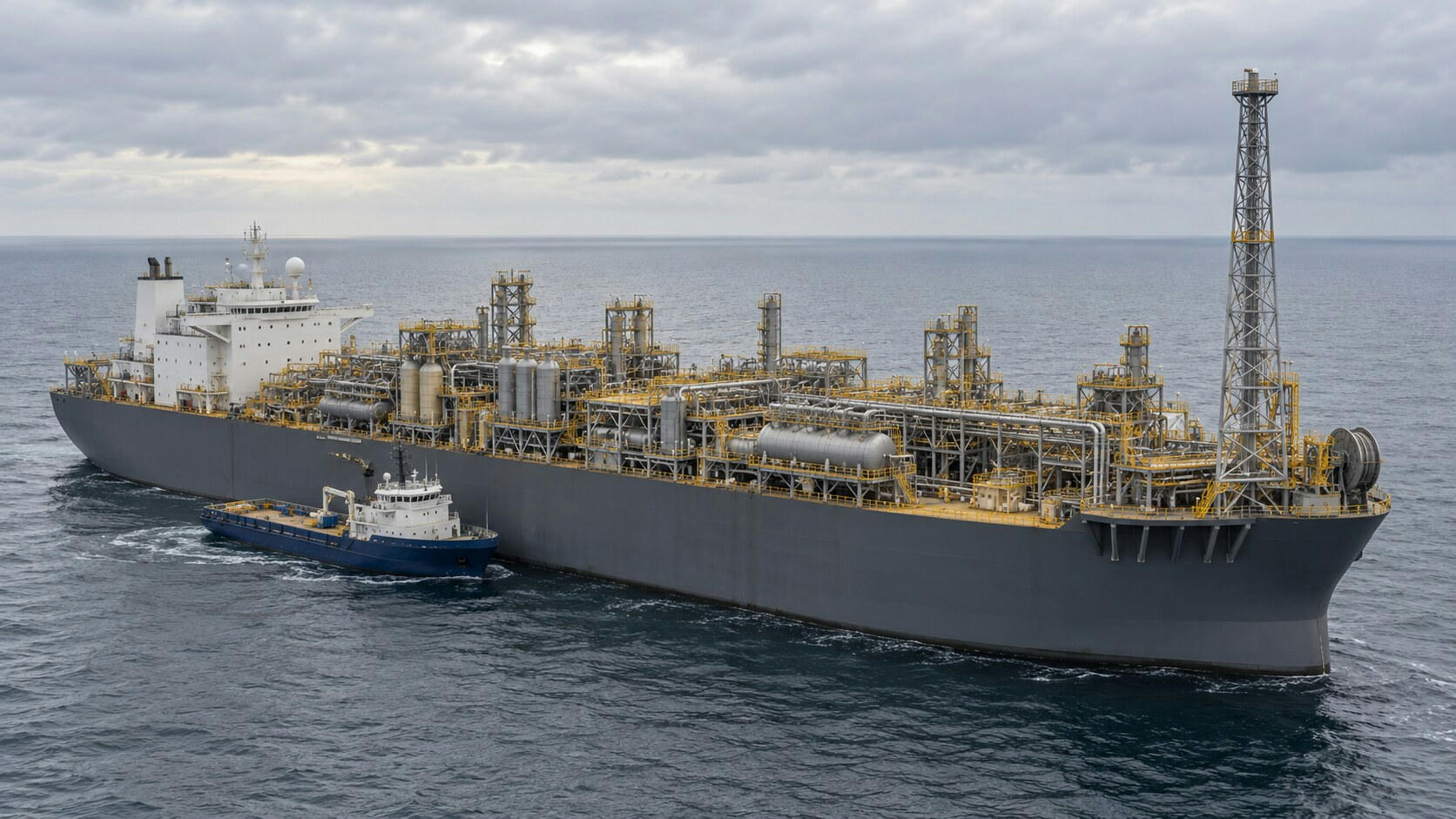 Synthetic editorial illustration. An offshore production site. A large grey production-storage vessel carries dense processing equipment and a tall flare stack, with a small blue supply boat alongside on a calm sea beneath cloudy skies.