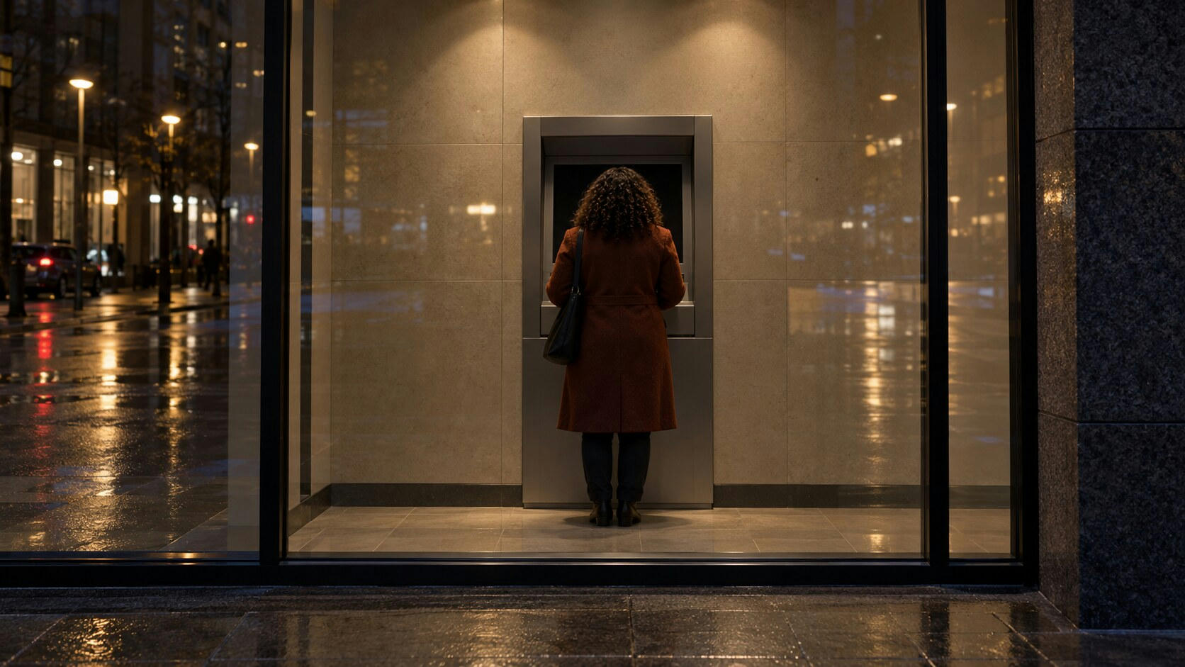 Synthetic editorial illustration. An ATM lobby at night. A person in a rust coat seen from behind stands at a single cash machine with a dark screen, while wet street lights reflect across the surrounding glass.