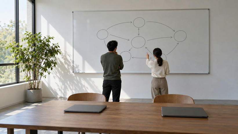 Synthetic editorial illustration. Two people seen from behind face a whiteboard of circles and arrows in a sunlit office. Two closed laptops rest on the wooden table beside a potted tree.