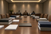 Synthetic editorial illustration. A windowless meeting room contains a long wooden table with blank binders, paper stacks and closed laptops. Three rear-facing advisers sit at the far end beneath warm ceiling lights.