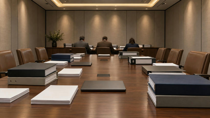 Synthetic editorial illustration. A windowless meeting room contains a long wooden table with blank binders, paper stacks and closed laptops. Three rear-facing advisers sit at the far end beneath warm ceiling lights.