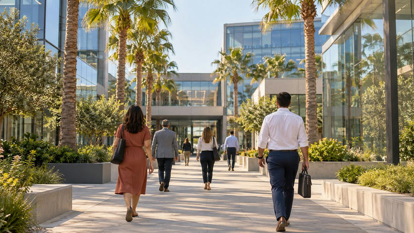 Synthetic editorial illustration. Employees of varied builds viewed from behind walk along a sunny path between glass office buildings. Palm trees and planted beds line the quiet campus.