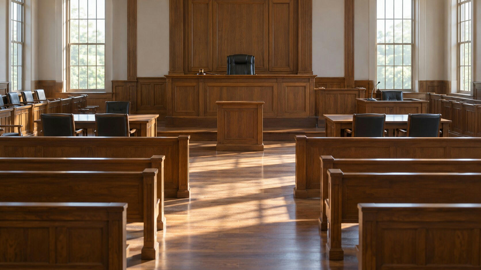 Synthetic editorial illustration. An empty wood-panelled courtroom contains rows of benches, plain tables and a raised judge's seat. A small gavel rests on the bench while daylight from tall windows falls across the floor.