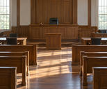 Synthetic editorial illustration. An empty wood-panelled courtroom contains rows of benches, plain tables and a raised judge's seat. A small gavel rests on the bench while daylight from tall windows falls across the floor.