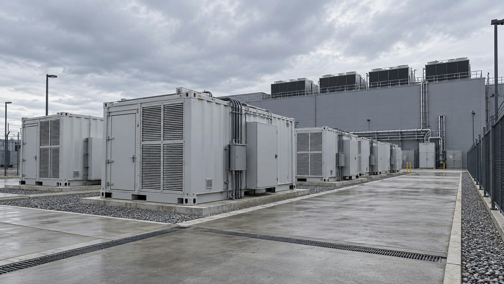 Synthetic editorial illustration. An industrial energy-storage yard. Rows of grey ventilated containers stand on concrete pads beside a windowless building with rooftop cooling units under an overcast sky.
