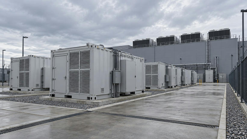 Synthetic editorial illustration. An industrial energy-storage yard. Rows of grey ventilated containers stand on concrete pads beside a windowless building with rooftop cooling units under an overcast sky.