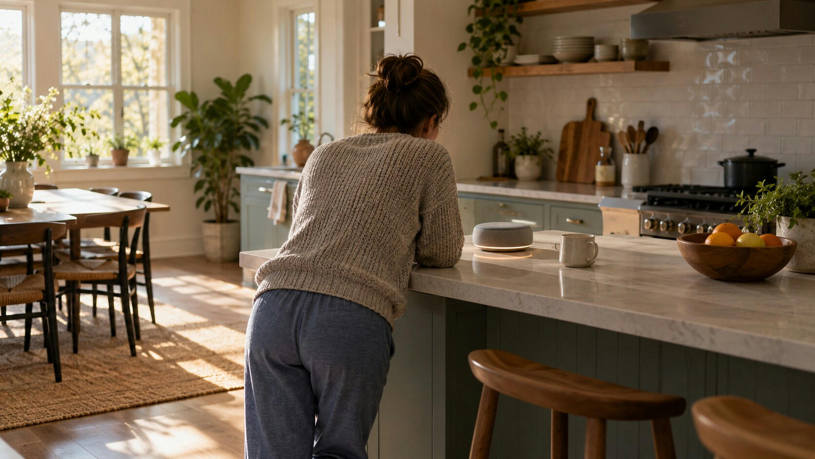 Synthetic editorial illustration. A person viewed from behind leans over a kitchen island toward a small fabric-covered speaker with a soft light ring. Morning sunlight falls across plain cabinets, a coffee mug and a fruit bowl.