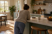 Synthetic editorial illustration. A person viewed from behind leans over a kitchen island toward a small fabric-covered speaker with a soft light ring. Morning sunlight falls across plain cabinets, a coffee mug and a fruit bowl.