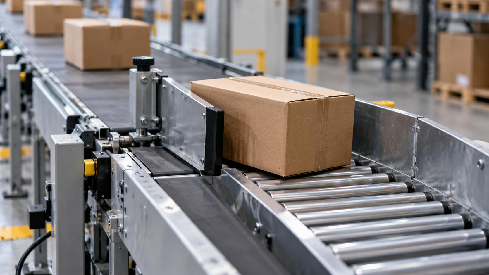 Synthetic editorial illustration. A taped parcel sits on a roller conveyor beside an extended powered side-diverter paddle.
